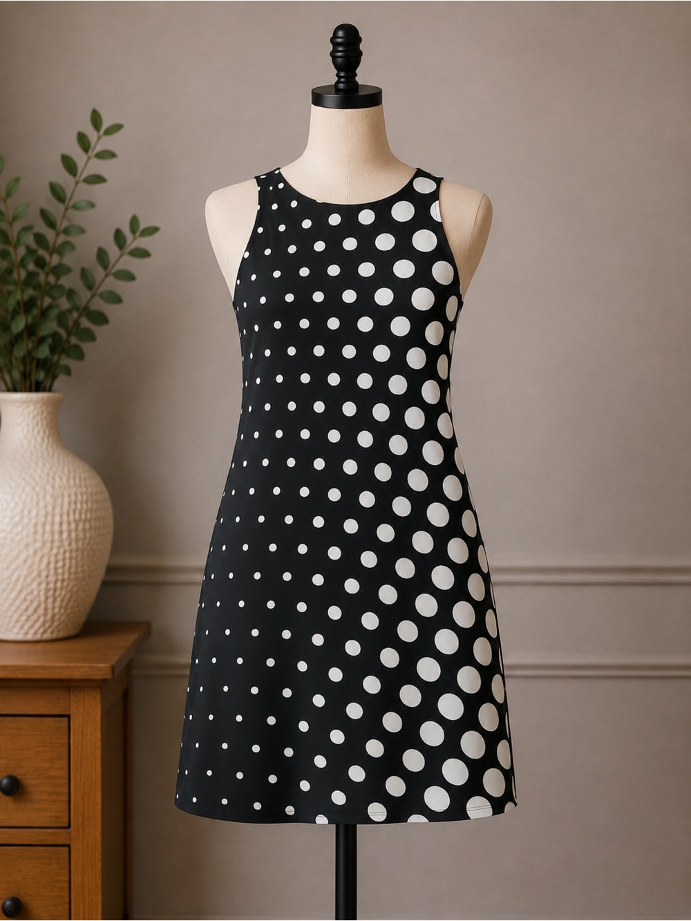 Sleeveless Black & White Polka Dot Midi Dress